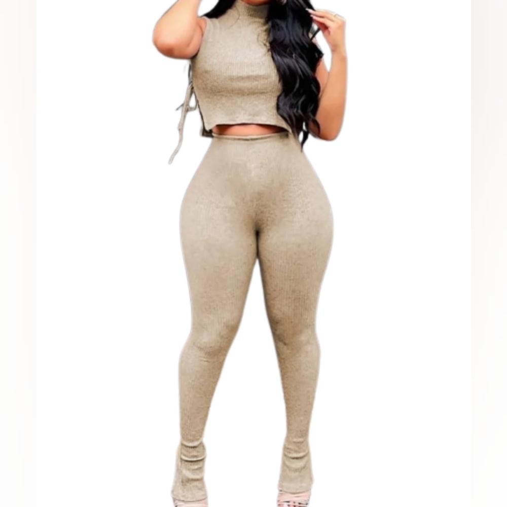 ChicMe Set Ribbed Sleeveless Crop Top Stretch Pants Women's